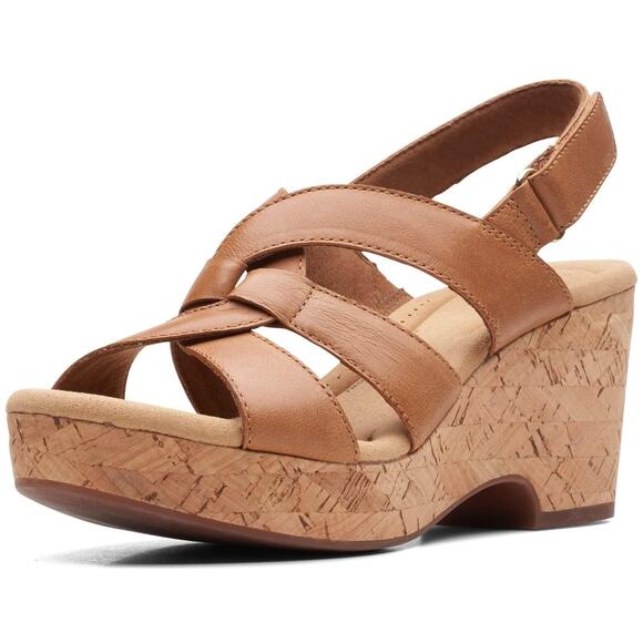 Clarks Women Giselle Beach Slingback Cork Wedge Sandal Size US 8M Tan Leather - Picture 1 of 6